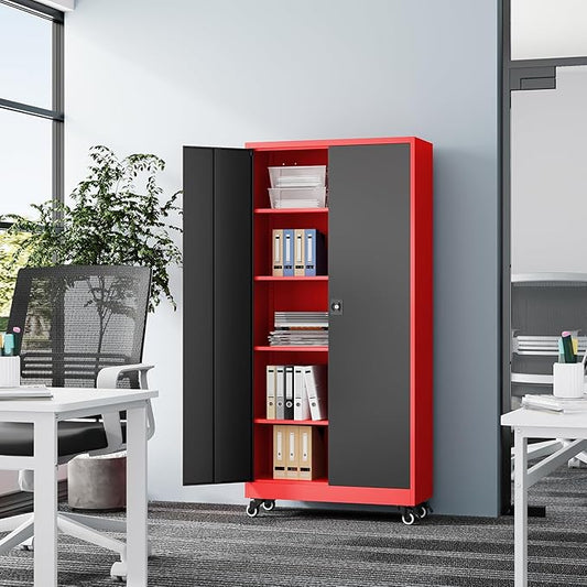 Metal Rolling Storage Cabinet-74.6” Tall Steel File Cabinets with Wheels Lockable Doors and Adjustable Shelves-Black & Red Steel Storage Cabinet for Home, School, Office, Garage