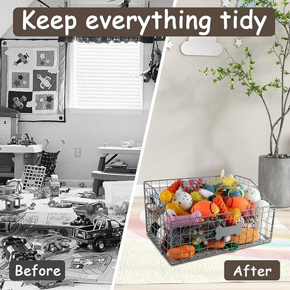 Geyecete Toy box for dogs large Dog Toy organizer Pet wire folding basket dog toy container dog toy box -Can be Personalized-Cat and Puppy-Gray