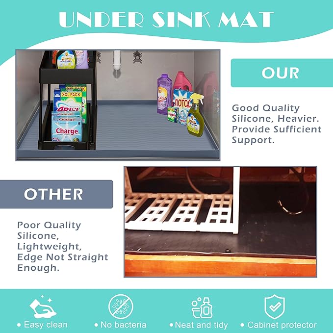 URMONA Waterproof Silicone Under Sink Mat 34'' x 22'' Shelf Liner for Kitchen and Bathroom, Cabinet and Counter Protector, Storage and Organizers, Litter Mat, Pet Cat Puppy Essentials(Green)