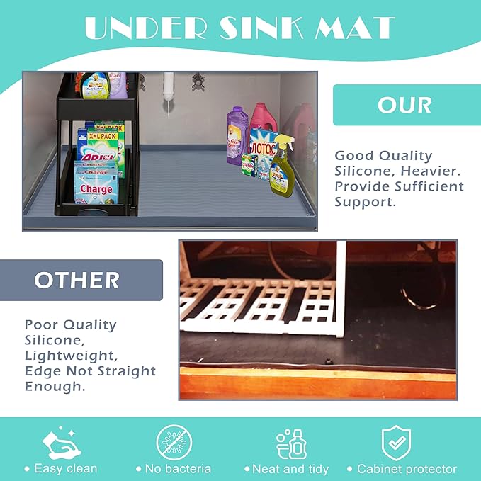 URMONA Waterproof Silicone Under Sink Mat 37'' x 22'' Shelf Liner for Kitchen and Bathroom, Cabinet and Counter Protector, Storage and Organizers, Litter Mat, Pet Cat Puppy Essentials(Beige)