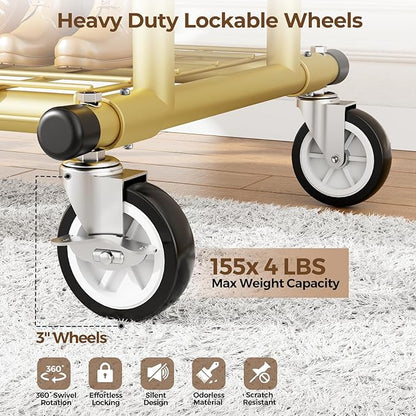 Heavy Duty Clothes Rack, Rolling Clothing Racks With Shelves Load 620 LBS, Double Rod Clothing Racks for Hanging Clothes, Portable& Adjustable Clothes Rack with Wheels Garment Rack,Gold