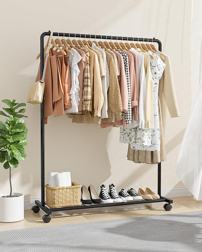 Clothes Rack - Clothing Rack with Storage Mesh Shelf & Casters, Heavy-Duty Metal Clothing Rack for Hanging Clothes, Dresses, Coats, Large Load Capacity, Easy Assembly, Black, 44.3"x16.9"x59.0"