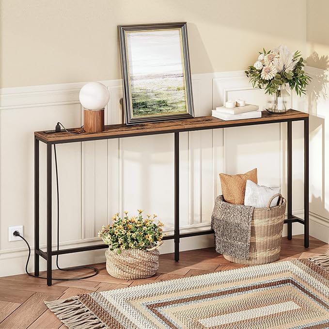 63" Console Table with Power Outlet, Narrow Sofa Table, Industrial Entryway Table with USB Ports, Behind Couch for Entryway, Hallway, Foyer, Living Room, Bedroom, Rustic Brown CTHR16E01Z