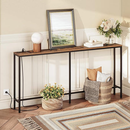 63" Console Table with Power Outlet, Narrow Sofa Table, Industrial Entryway Table with USB Ports, Behind Couch for Entryway, Hallway, Foyer, Living Room, Bedroom, Rustic Brown CTHR16E01Z