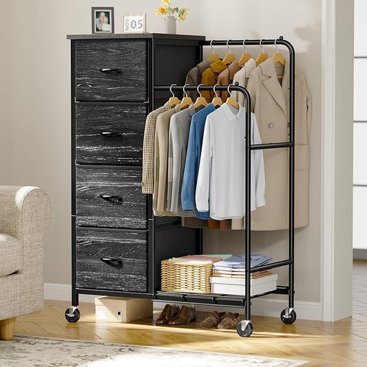 47.3" H Dresser with Hanging Rack, 4 Fabric Drawers with Double Clothes Rack & Wheels, Tall Closet Organizer Dresser for Bedroom, Entryway, Black, 15.8" D x 29.9" W x 47.3" H