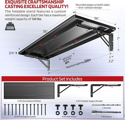 1.2x3FT Adjustable Garage Shelf Wall Mounted Fold Down Shelf Metal Heavy Duty Black 1Pack