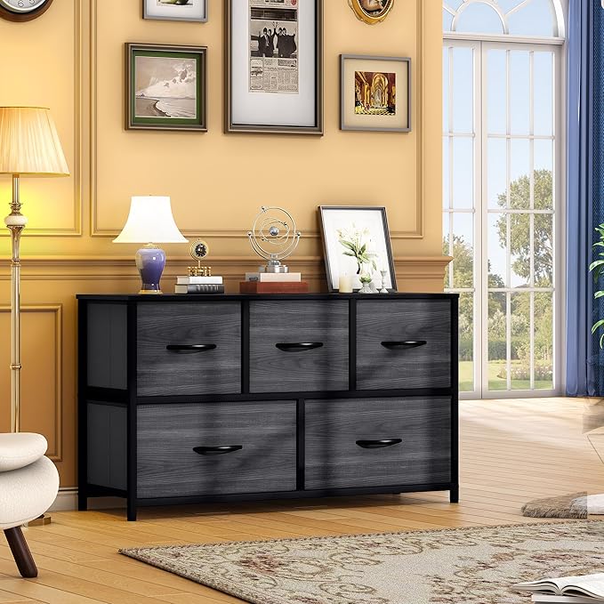 DWVO Dresser with 5 Drawers - Fabric Storage Tower, Organizer Unit for Bedroom, Living Room, Closets - Sturdy Steel Frame, Wooden Top (Black)