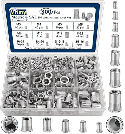 Metric & SAE Rivet Nut Assortment Kit(300 Pcs), M3 M4 M5 M6 M8 M10 M12#8-32#10-24 1/4"-20 5/16"-18 3/8"-16 304 Stainless Steel Rivnut Set UNC Flat Head Nutsert