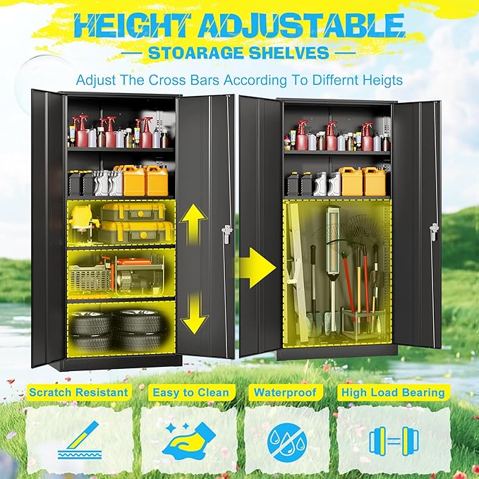 Pataku Metal Storage Cabinet, 72" Garage Cabinet with Doors and Shelves Lockable Steel Multifunctional Cabinets, Black File Cabinets for Home, Office, Garage, Warehouse(Black)
