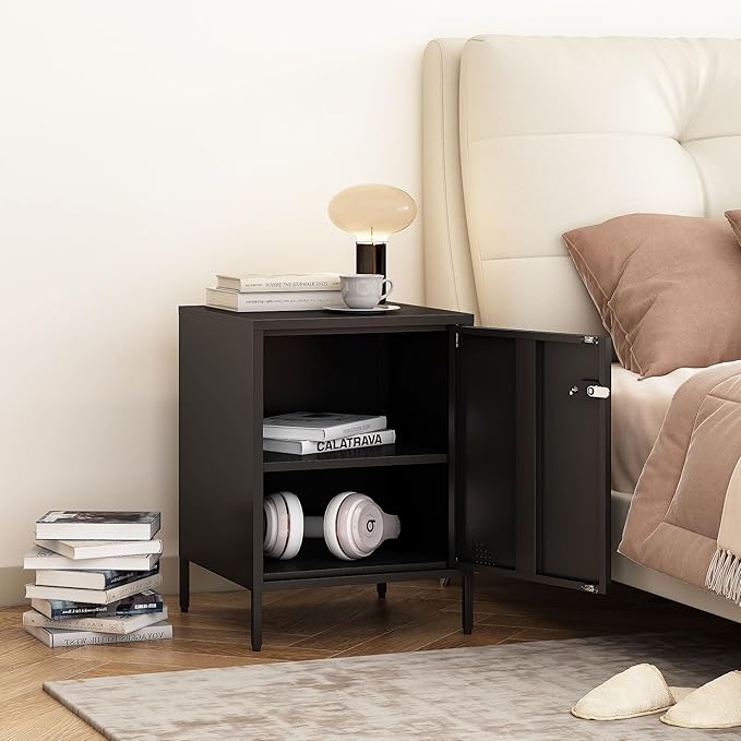 Metal Nightstand Single Door Locker Metal End Table Lockable Bedside Storage Cabinet for Living Room, Bedroom, Dorm, 21.26”H X 15.75”W X 15.75”D (1 Door, Black)