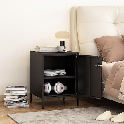 Metal Nightstand Single Door Locker Metal End Table Lockable Bedside Storage Cabinet for Living Room, Bedroom, Dorm, 21.26”H X 15.75”W X 15.75”D (1 Door, Black)