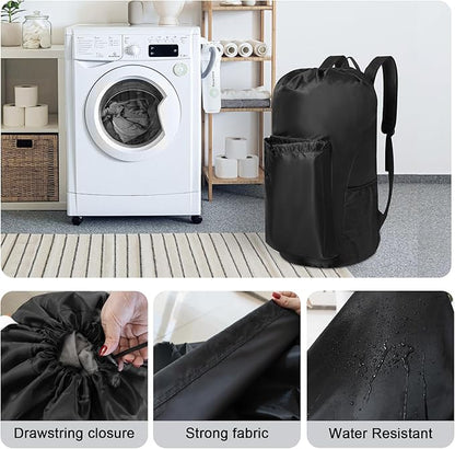 Polecasa Extra Heavy Duty Large Backpack Laundry Bag with Comfortable Padded Shoulder Straps & 4 Pockets, Drawstring bag for Dorm, College, Travel, Black
