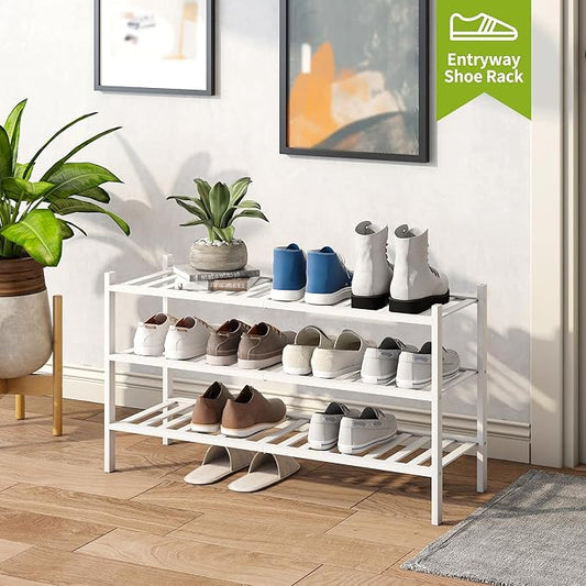 BMOSU 3-Tier Bamboo Extended Shoe Rack Premium Stackable Shoe Shelf Storage Organizer for Hallway Closet Living Room Entryway Organizer(White Bamboo)