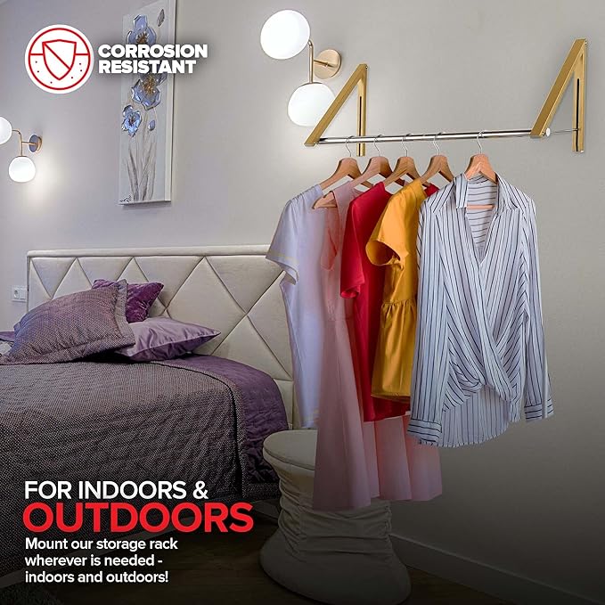 Double Foldable Clothing Rack w/ Extension Rod, Wall-Mounted Retractable Clothes Hanger for Laundry Dryer Room, Hanging Drying Rod, Small Collapsible Folding Garment Racks, Dorm Accessories (Gold)