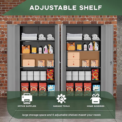 Greenvelly Metal Garage Storage Cabinet, 72" Black Gray Tool Steel Locking Cabinet with Doors and 4 Shelves, Tall Cabinets for Garage Storage Systems Lockable File Cabinet for Home Office,Garage