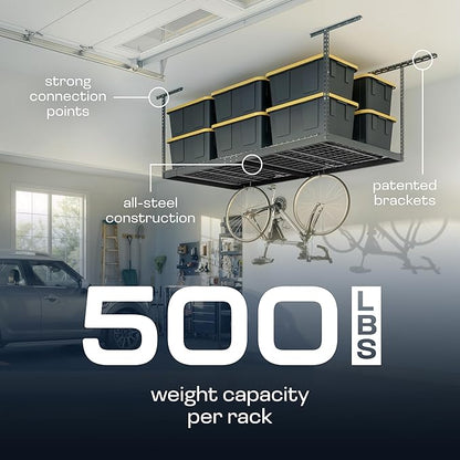 MonsterRax Overhead Garage Storage Rack - 4 x 8 Ceiling Racks for Garage Shelving, Organization, Adjustable Hanging Storage, Grey, 12"- 21" Height Adjustment