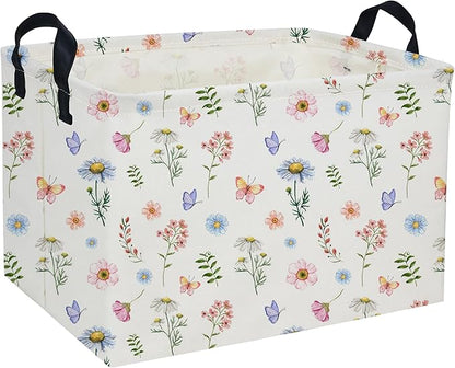 Rectangle Kids Baskets Flower Basket Cute Storage Bin Organizer Boys Box for Room Decor Gift Basket(Watercolor flower)