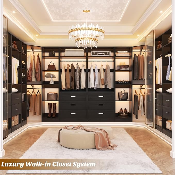 Corner Closet System with 6 Drawers, Closet Organizer System with 14 Shelves & 4 Hanging Rods, 87.2"L * 39.2"W / 63.2"L * 63.2"W Reversible L Shaped Walk-in Closets, Load 2500+LBS, Black