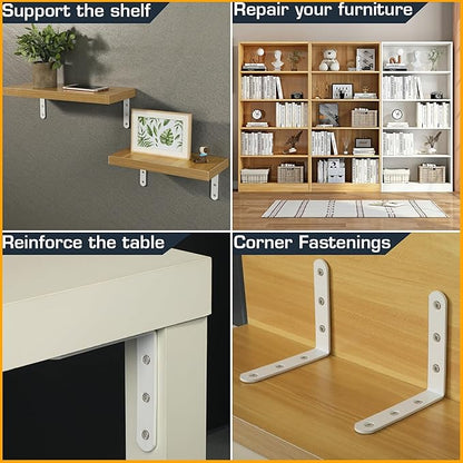 Alise 4 PCS L Brackets Heavy Duty Corner Bracket, 5 X5 Inch White Floating Shelf Brackets for Shelves, Stainless Steel L Shape Wall Mounting Brackets, Metal L Joint Angle Bracket for Wood Shelving
