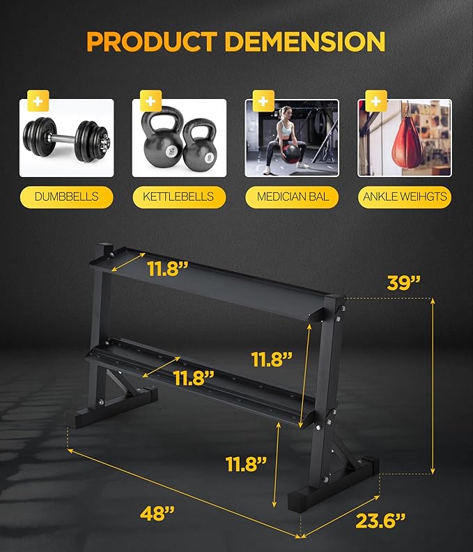 48" Kettlebell Storage Rack, 2-Tier Dumbbell and Kettlebell Rack for Home Gym, 1000LBS Weights Storage for Free Weights, Dumbbells, Kettlebells and Medicine Ball