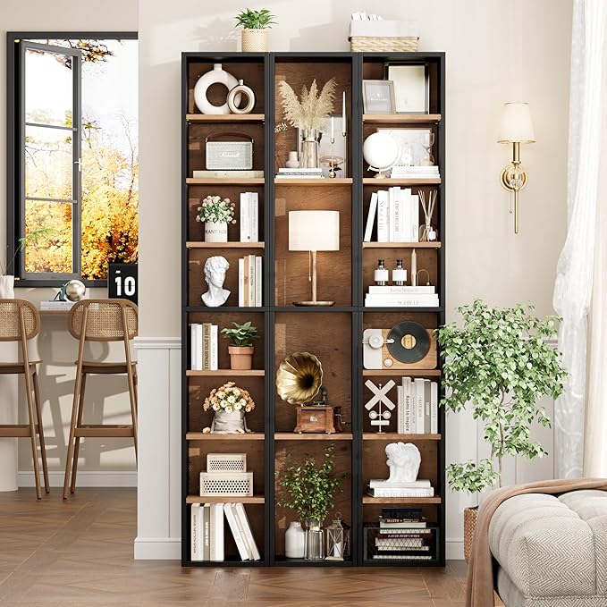 FOTOSOK 8-Tier Media Tower Rack, 11.6 X 9.3 X 71 Inches CD DVD Slim Storage Cabinet with Adjustable Shelves, Tall Narrow Bookcase Display Bookshelf for Home Office, Black/Brown