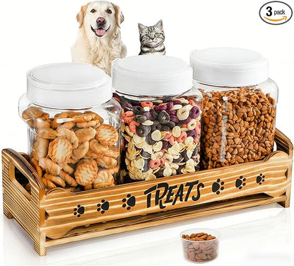 Dog Treats Container with 3 Plastic Jars, Dog Food Storage Canister with Wooden Stand, Airtight Pet Treat Holder for Dogs and Cats, Dog Snacks Treat Organizer with Scoop for Kitchen Counter