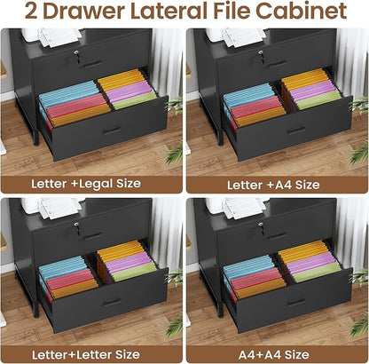 SEDETA 2 Drawer File Cabinet with Lock & Charging Station, Filing Cabinet Fits Letter, Legal, A4 Size, Wood File Cabinets for Home Office with Bookshelf, Printer Stand with Storage Shelf, Black