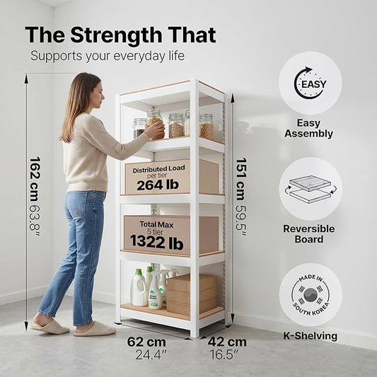 HOMEDANT House 5 Tier Heavy Duty Garage Shelving Adjustable Metal Rack Storage Shelves Standing Shelf Unit Organizers Pantry Closet Office (2, White, 24.4" W x 16.2" D)