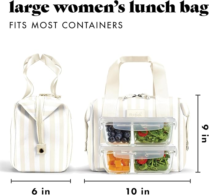 Fit & Fresh Neoprene Lunch Bag For Women, Insulated Womens Lunch Bag For Work, Tear & Stain Resistant Large Lunch Box For Women With Containers and Ice, Machine Washable Remi Bag, Ivory Stripe