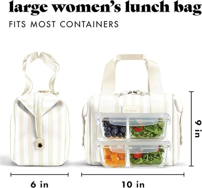 Fit & Fresh Neoprene Lunch Bag For Women, Insulated Womens Lunch Bag For Work, Tear & Stain Resistant Large Lunch Box For Women With Containers and Ice, Machine Washable Remi Bag, Ivory Stripe