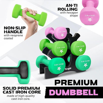 Yes4All Neoprene Coated Dumbbell Hand Weight Sets of 2 - Multiple Weight Options with 15 Colors, Anti-roll, Anti-Slip, Hexagon Shape
