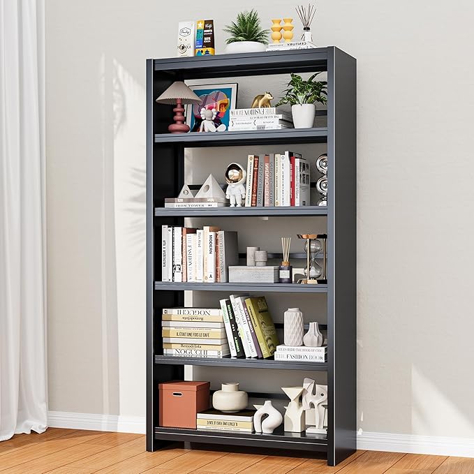Bookshelf, Tall Bookcase for Books, CDs, Movies, Garage Kit, 5 Tier Book Shelf, Modern Display Shelf for Library Home Office Bderoom Living Room, Metal Bookshelves Industrial Black