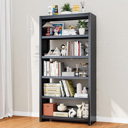 Bookshelf, Tall Bookcase for Books, CDs, Movies, Garage Kit, 5 Tier Book Shelf, Modern Display Shelf for Library Home Office Bderoom Living Room, Metal Bookshelves Industrial Black