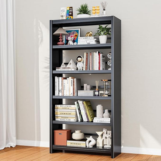 Bookshelf, Tall Bookcase for Books, CDs, Movies, Garage Kit, 5 Tier Book Shelf, Modern Display Shelf for Library Home Office Bderoom Living Room, Metal Bookshelves Industrial Black