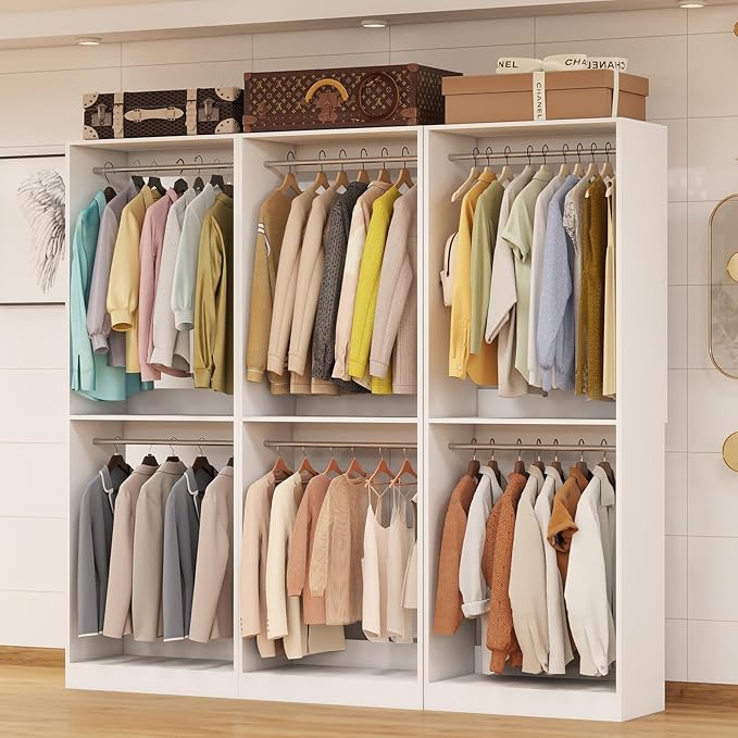 Closet System, 6FT Wood Closet Organizer System Small Walk-in Closet Freestanding Corner Closets Shelf Storage with 9 Hanging Rods, Modular Closet Systems White (6FT)