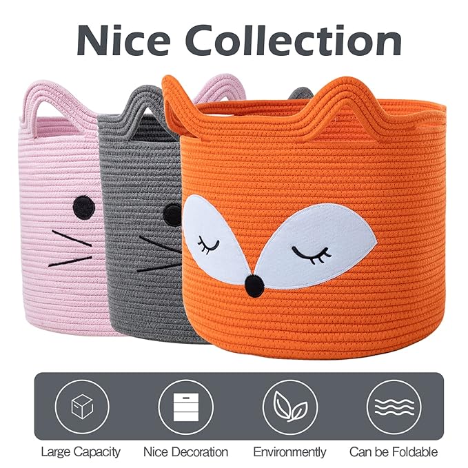 VK VK·LIVING Fox Toy Basket Cotton Rope Animal Baskets Orange Laundry Hamper for Toys, Clothes,Gifts,Towels, Blankets, Empty Gift Basket for Organizing with Handles 15''x14''