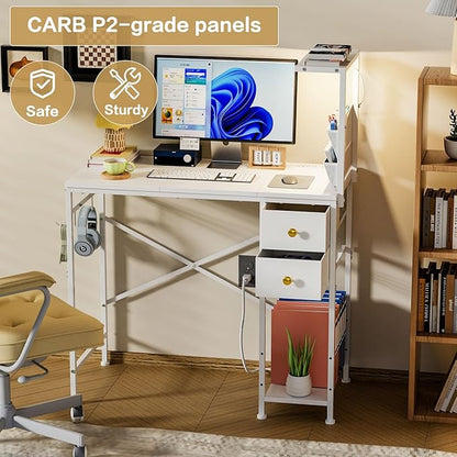 33.7" Computer Desk with Power Outlets, LED Lights & 2 Drawers, Small Office Desk with Storage Bag & Hooks, Gaming Desk for Bedrooms or Home Office, Compact Study Desk for Small Spaces，White