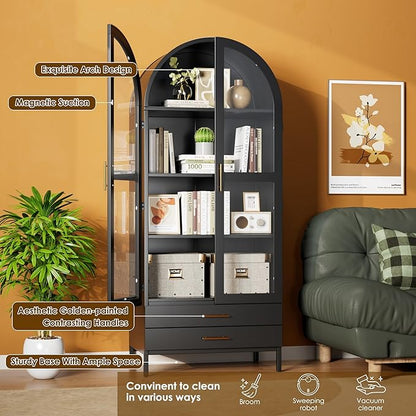 Metal Arched Pantry Cabinet with 2 Drawers,Black Arched Cabinet with Glass Door for Kitchen Home, Assemble Required,Black,72.76"×30.83" W×16.10" D