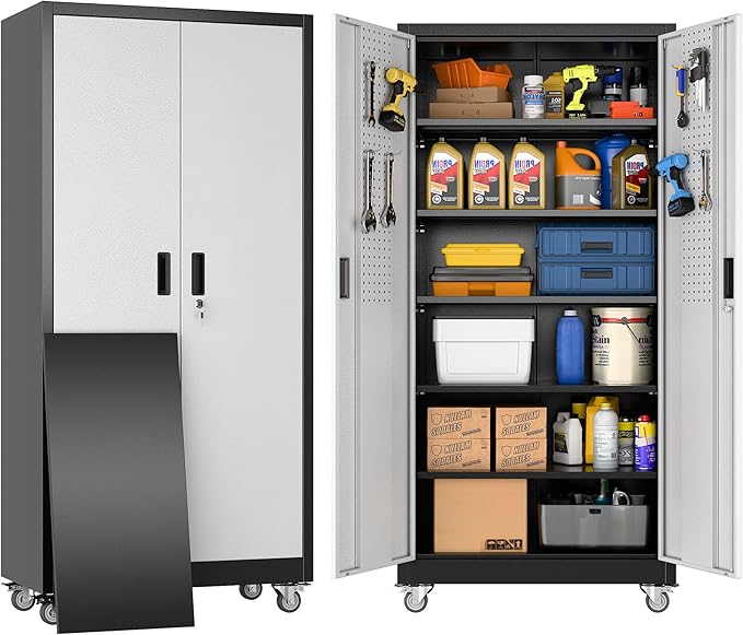 Garage Storage Cabinet with Wheels, Lockable Metal Storage Cabinet with 5 Adjustable Shelves for Garage Warehouse Office Utility Room,Required Assembly,Black and Silver，71" H×34" W×18" D