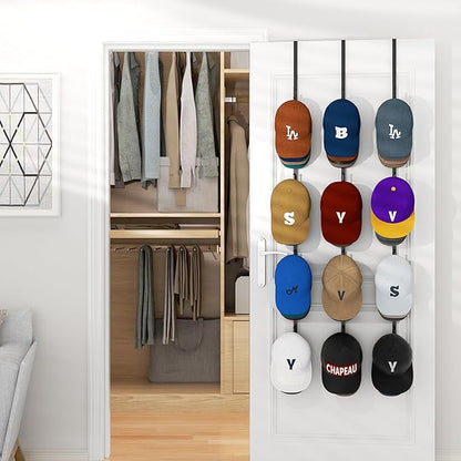 HapiRm Over Door Hat Rack - 3 Packs Hat Organizer with 12 Hooks Design, Hanging Baseball Cap Organizer Storage Holds Up to 60 Caps for Door, Bedroom, Closet (Black)
