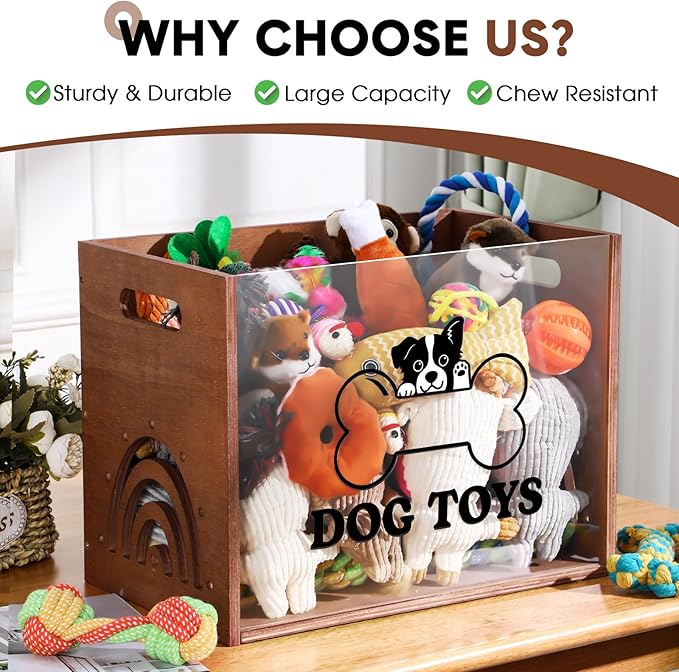 Large Dog Toy Basket Dog Toy Box Wooden Storage Bin with Acrylic Board Storage Box for Puppy Toys Pet Food and Accessories Organizer Holder Basket for Living Room Area(Brown, Dog)