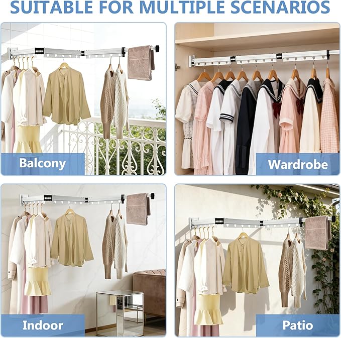 Clothes Drying Rack, Upgrade 3-Fold Wall Mounted Drying Rack Clothing, Laundry Space Saver Retractable Collapsible for Indoor Outdoor Balcony,Laundry,Bathroom, White