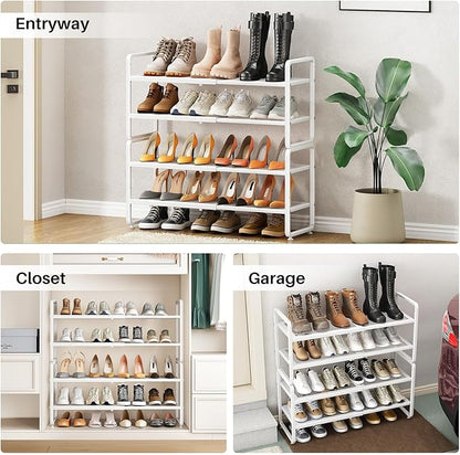 Shoe Rack - Expandable Shoe Organizer for Closet, Adjustable Metal Shoe Shelf Storage, Stackable Long Shoe Stand Holder for Garage, Entryway, Door Entrance (White, 4-Tier)