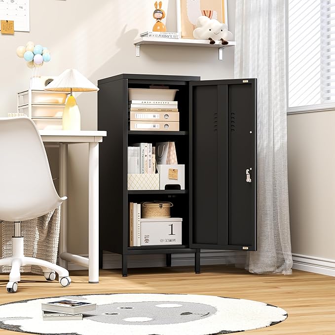 35.43" Metal Storage Locker with Lockable, Metal Steel Locker for Employees with 1 Door ＆ 2 Adjustable Shelves, Small Locker Storage Cabinets for Home, School, Office, Gym (Black)