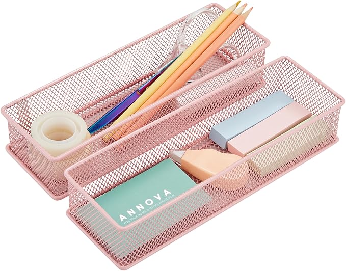 Annova Mesh Stackable Drawer Cabinet and Shelf Organizer Bins Storage Basket School Office Supply Holder Tray- Set of 2 (Light Pink, 3x9x2 Inch)