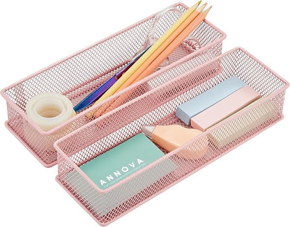Annova Mesh Stackable Drawer Cabinet and Shelf Organizer Bins Storage Basket School Office Supply Holder Tray- Set of 2 (Light Pink, 3x9x2 Inch)