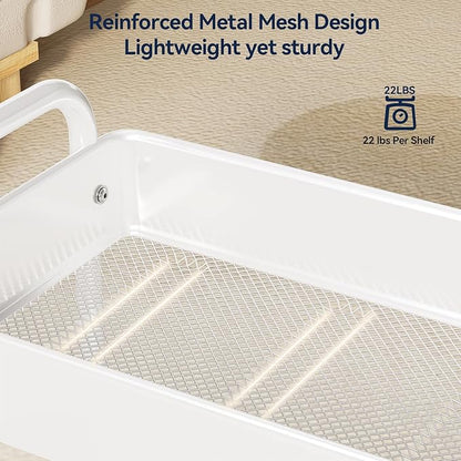 YASONIC Metal 3 Tier Rolling Cart - Heavy Duty Utility Cart with Lockable Wheels, Hanging Cups, Hooks, Mesh Rolling Storage Cart Craft Cart Organizer, Lightweight and Sturdy, White