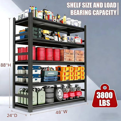 48"W*24"D Heavy Duty Garage Shelving Unit, 5-Tier Adjustable Organizer Shelf Rack for Storage, 3800LBS, Industrial-Grade Metal Shelves for Warehouse Kitchen Pantry, Easy Assembly, Black, 88 Inch H