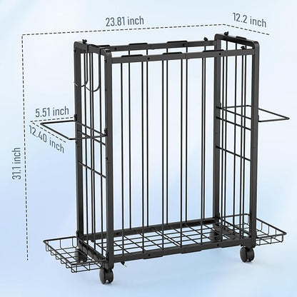 Sports Equipment Garage Organizer,Garage Ball Storage Rack for Sports with Wheels-Upgraded Sports Organizer Rack Outdoor Basketball Racks for Balls with Holder and Hooks (Deep Black)