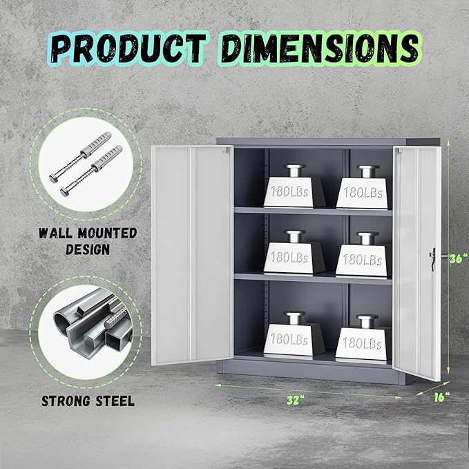 Bonusall Metal Garage Storage Cabinet, 36" H Locking Cabinets with 2 Adjustable Shelves, 2 Door Small Pantry Storage for Home Office, Kitchen, Bathroom (White Grey)